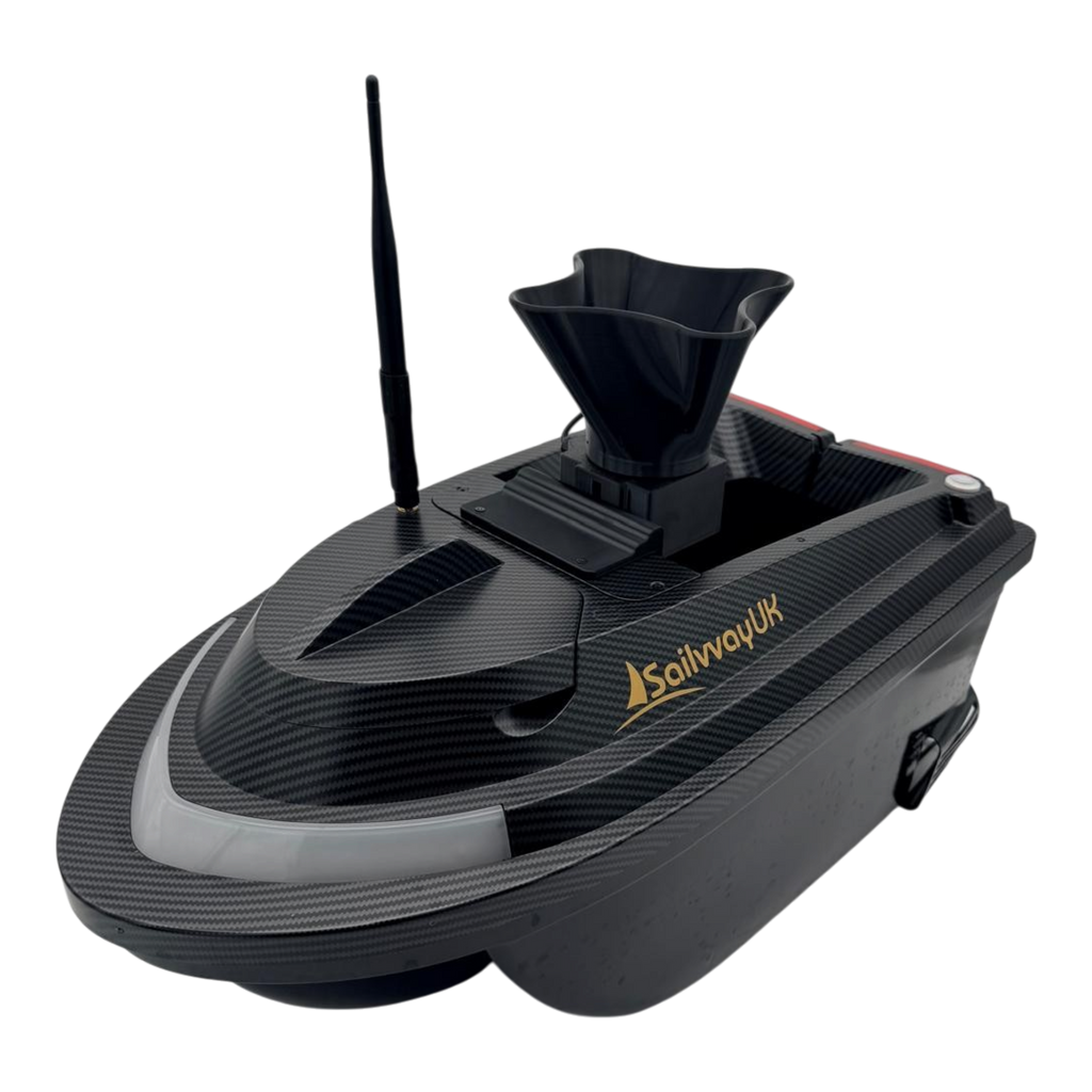 Sailvvay UK X-Series bait spreader attachment mounted on a black carbon fiber bait boat with an antenna