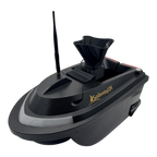 Sailvvay UK X-Series bait spreader attachment mounted on a black carbon fiber bait boat with an antenna