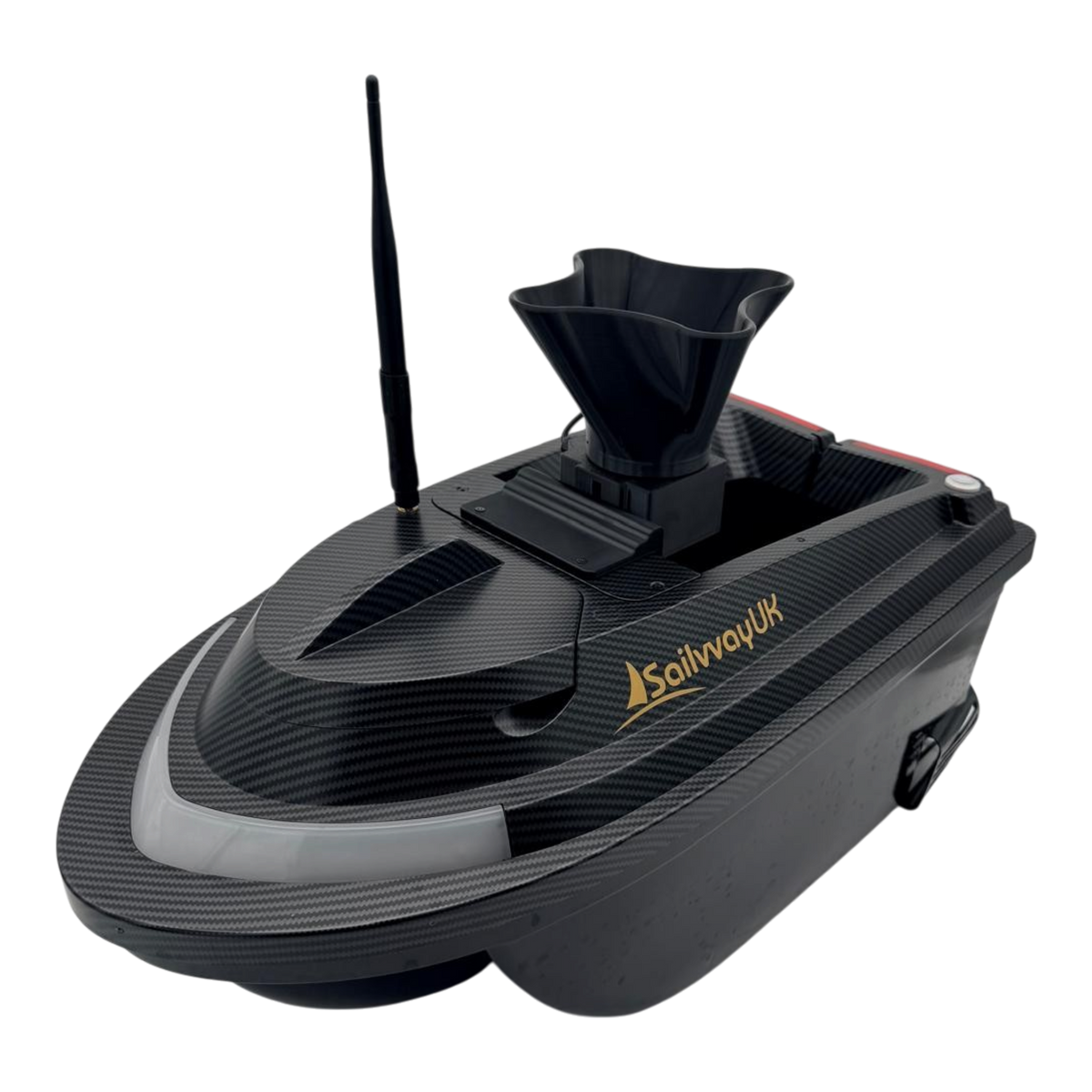 Sailvvay UK X-Series bait spreader attachment mounted on a black carbon fiber bait boat with an antenna