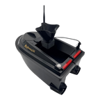 Sailvvay UK X-Series bait boat with black carbon fiber finish and mounted bait spreader accessory in a studio setting