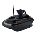 Sailvvay UK X-Series bait boat with black carbon fiber finish and mounted bait spreader accessory