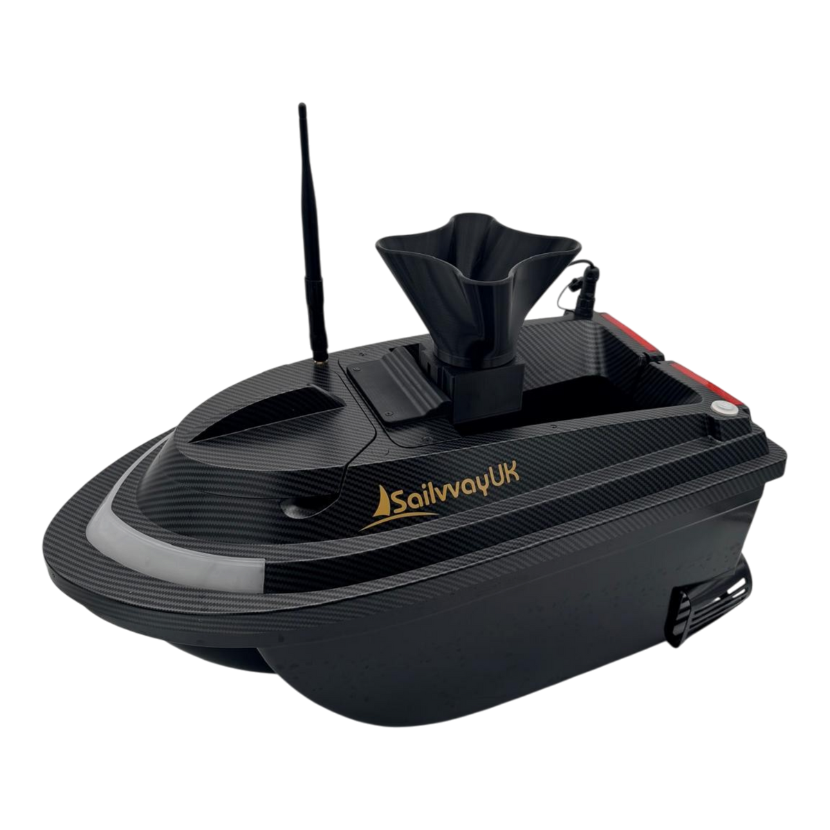 Sailvvay UK X-Series bait boat with black carbon fiber finish and mounted bait spreader accessory