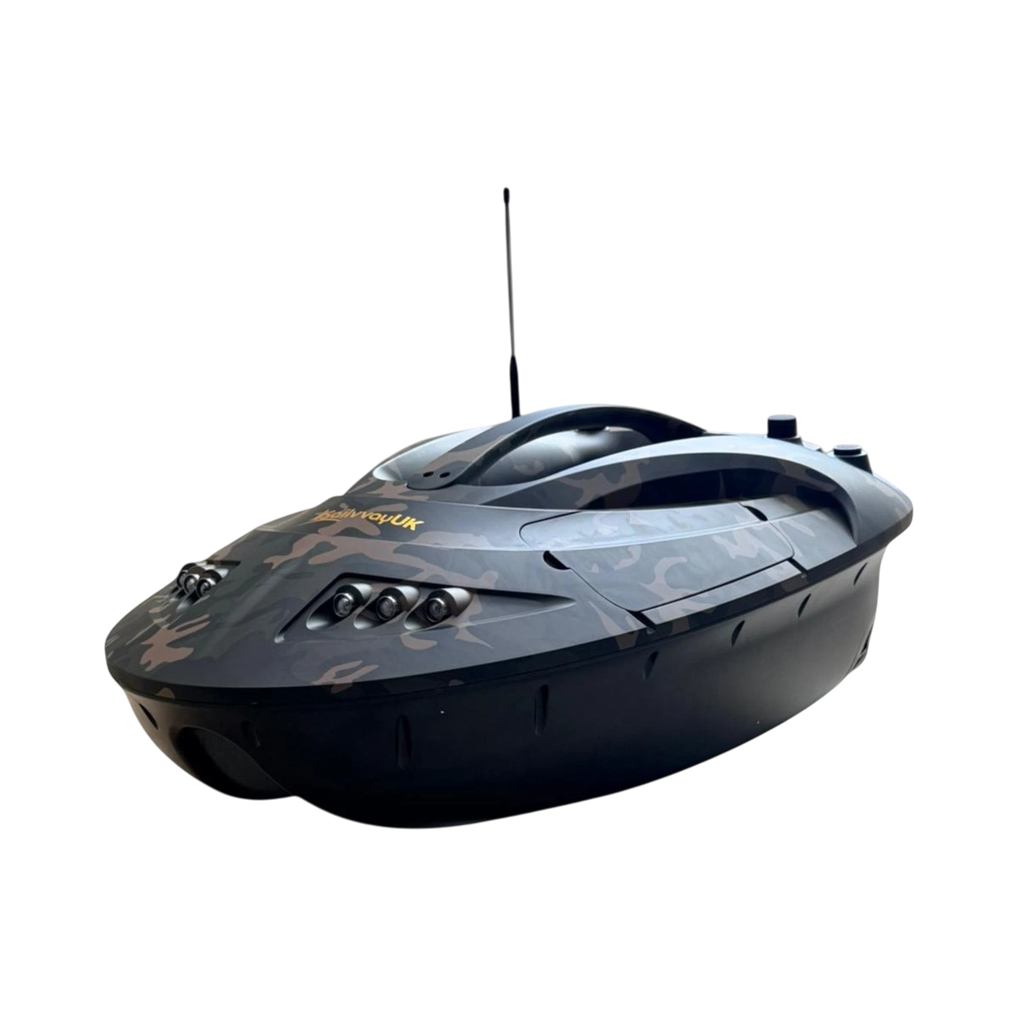 Sailvvay UK C-Series bait boat with camouflage pattern, featuring headlights and an antenna.
