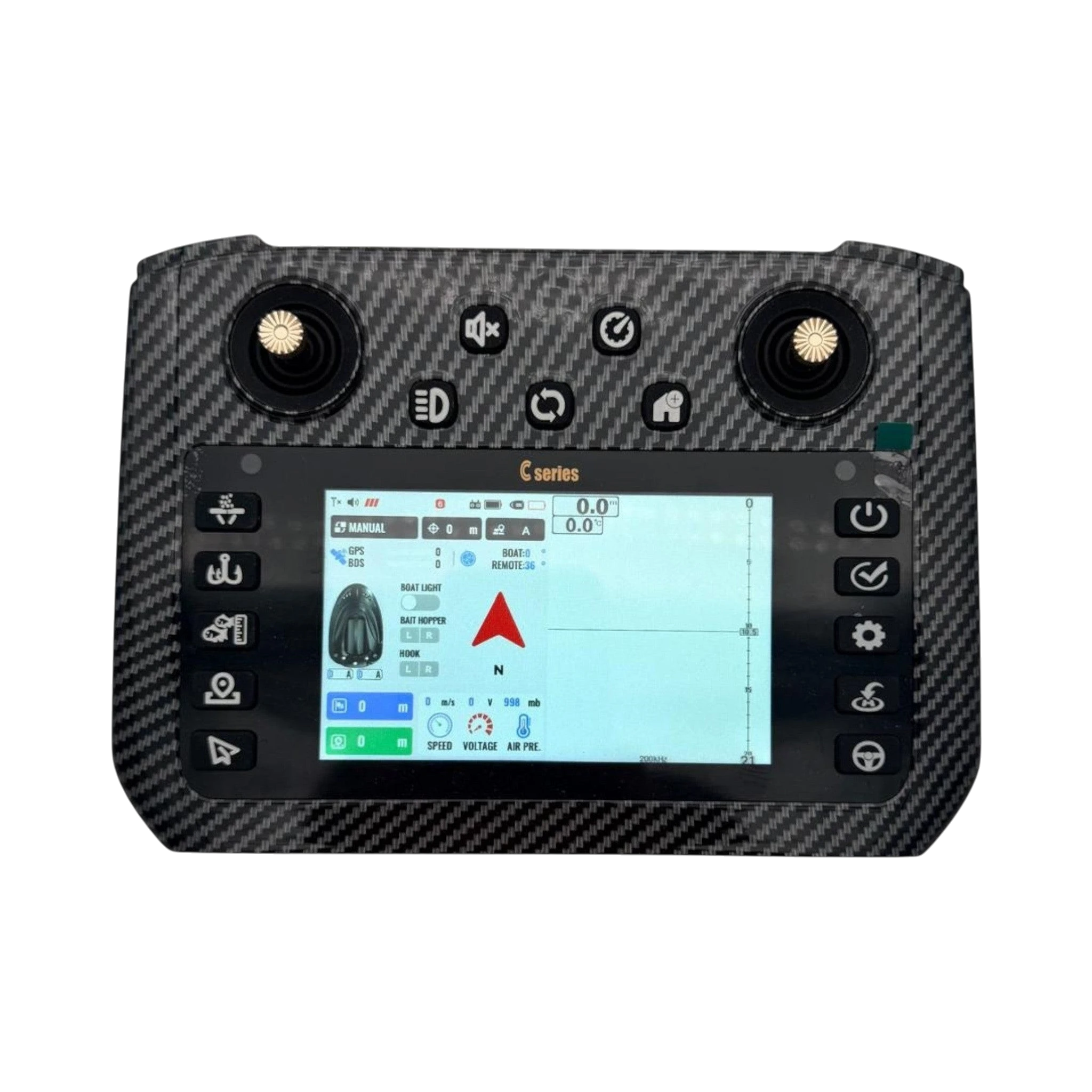 Sailvvay UK C-Series remote controller with carbon fiber pattern, featuring dual joysticks, a central screen displaying GPS data, and various function buttons.