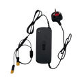Sailvvay UK M-Series battery charger with UK plug and two yellow connectors for bait boats.