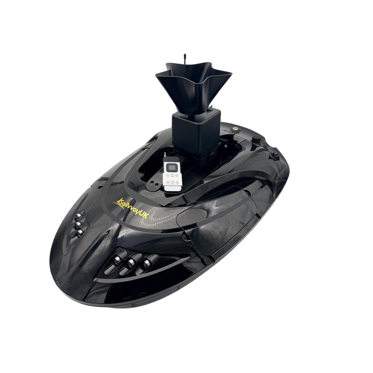 Sailvvay UK ROTO Bait Spreader C-Series mounted on a black bait boat with a remote control in a studio setting