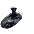 Sailvvay UK ROTO Bait Spreader C-Series mounted on a black bait boat with a star-shaped hopper for wide bait dispersal.