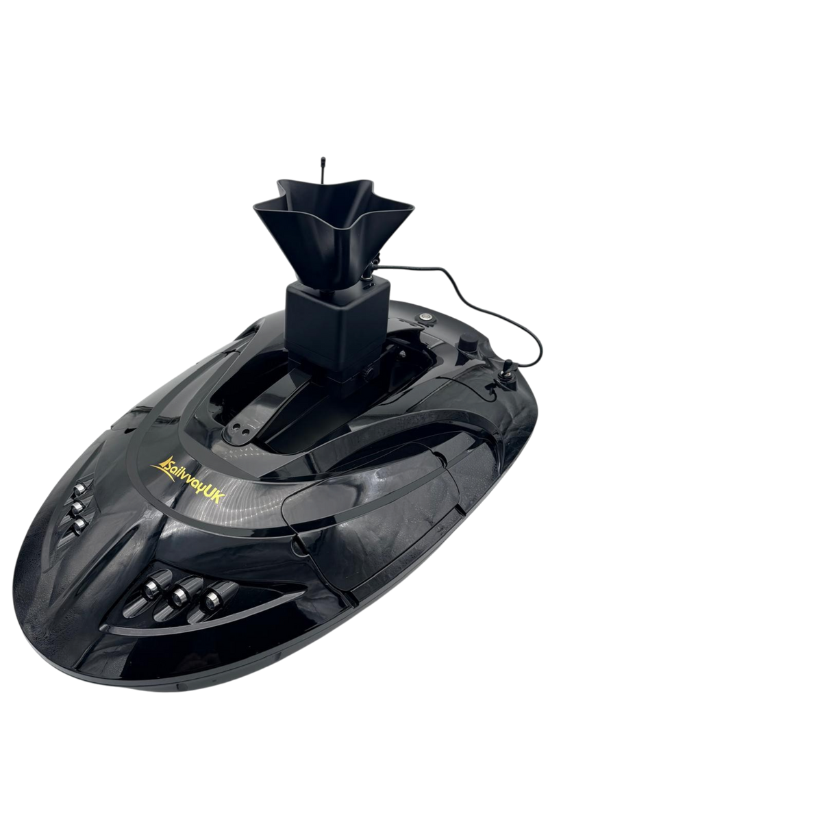 Sailvvay UK ROTO Bait Spreader C-Series mounted on a black bait boat with a star-shaped hopper for wide bait dispersal.