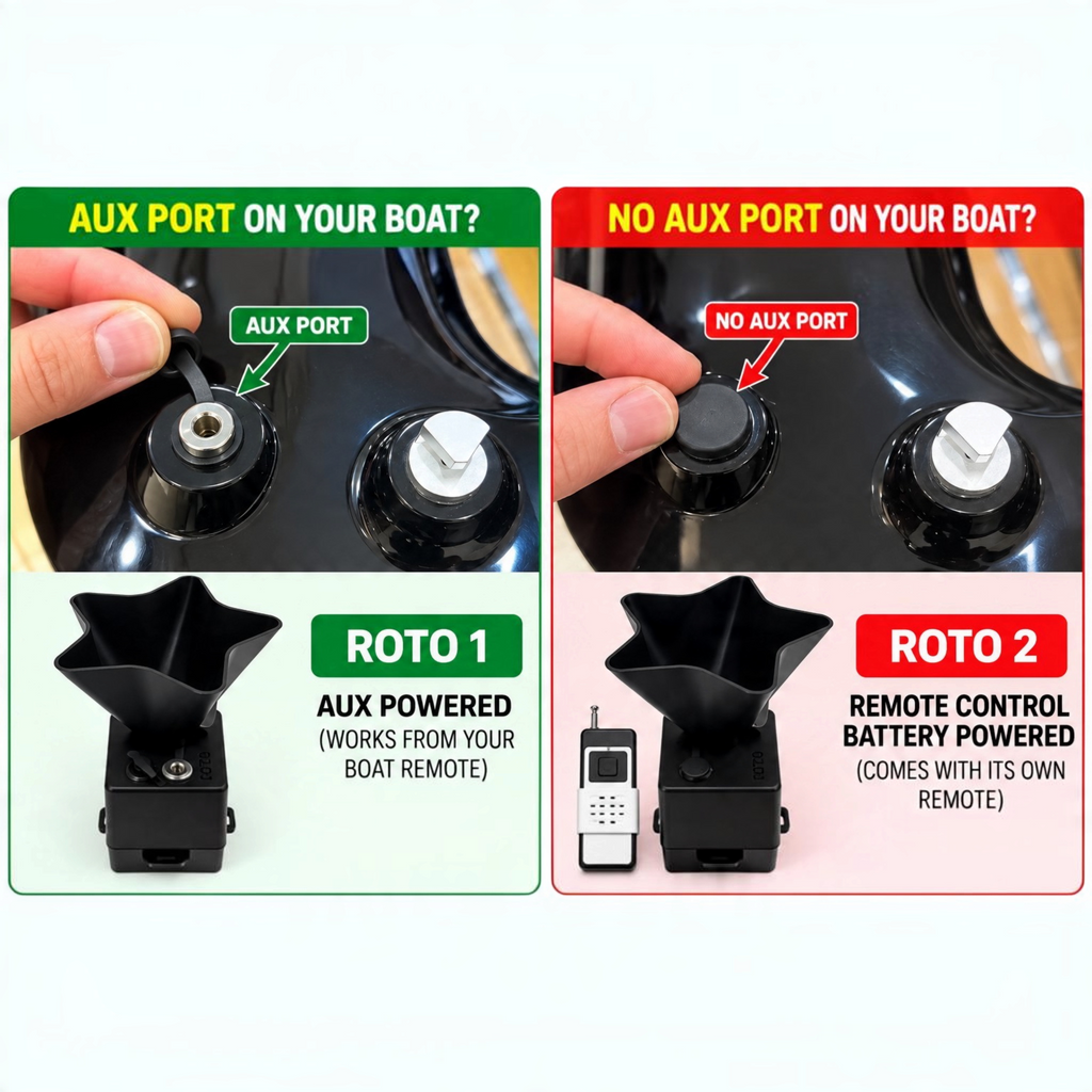 Sailvvay UK ROTO Bait Spreader compatibility guide showing AUX port and battery powered options for C-Series boats