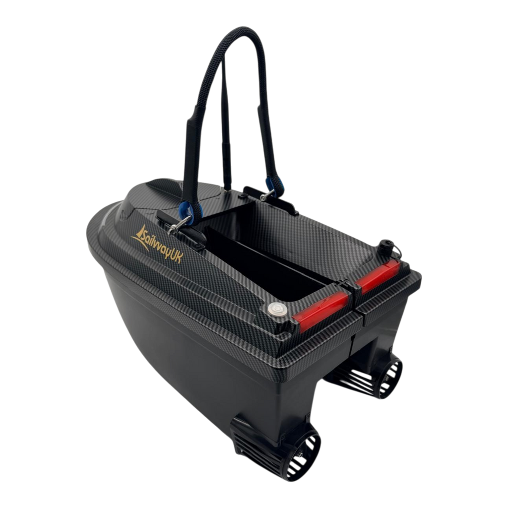 Sailvvay UK X-Series bait boat in black carbon fiber finish with dual hoppers and rear propellers