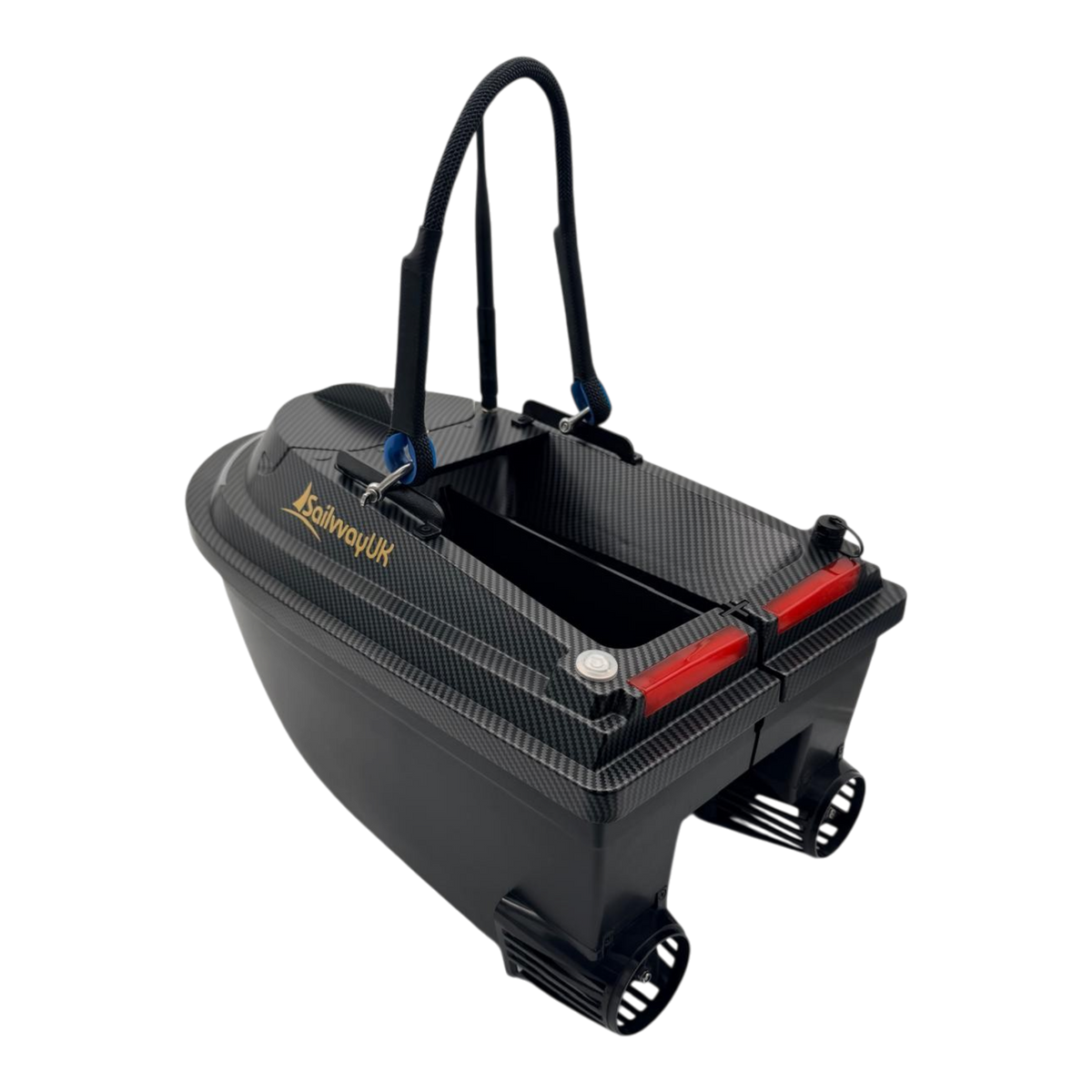 Sailvvay UK X-Series bait boat in black carbon fiber finish with dual hoppers and rear propellers