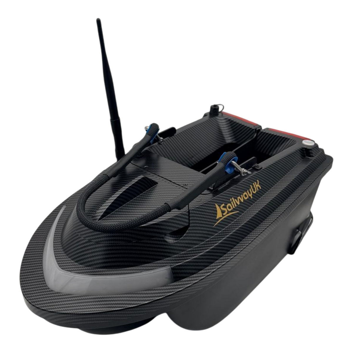 Sailvvay UK X-Series bait boat with a black carbon fiber finish, dual hoppers, and antenna for long-range fishing.