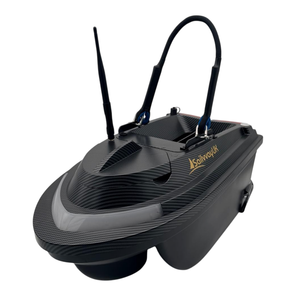 Sailvvay UK X-Series bait boat in black carbon fiber finish with antenna and handle, designed for precision fishing.