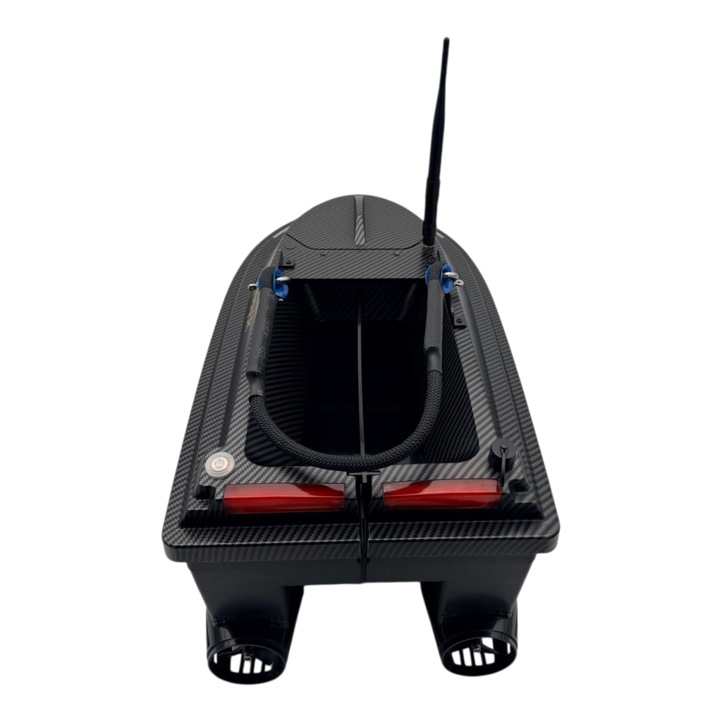 Sailvvay UK X-Series bait boat in black carbon fiber finish with dual hoppers, rear LED lights, and antenna.