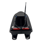 Sailvvay UK X-Series bait boat in black carbon fiber finish with dual hoppers, rear LED lights, and antenna.