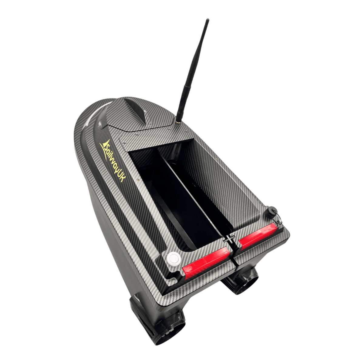 Sailvvay UK X-Series bait boat with a carbon fiber finish, dual bait hoppers, and rear LED lights on black background.